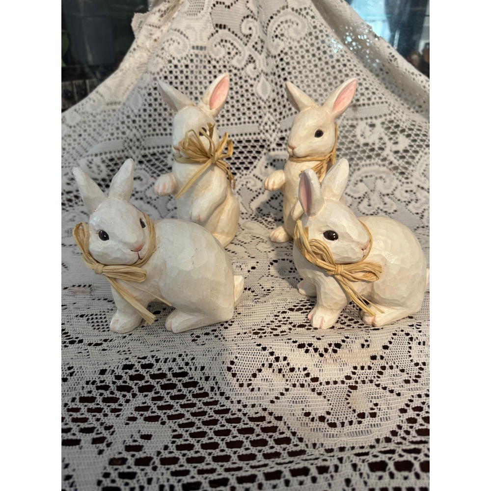 Enesco 2000 Faux Wood Carved White Bunny Rabbit Figurines Set of 4 vintage